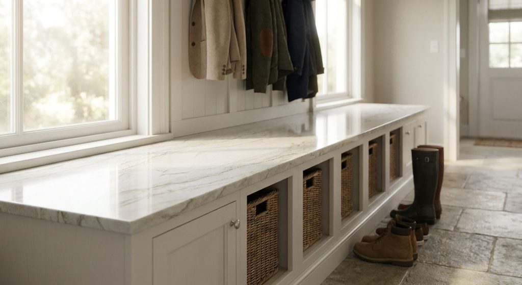 Quartzite countertops for mudroom benches