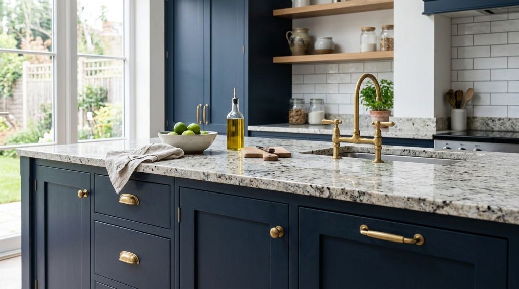 Best granite colors for navy blue cabinets