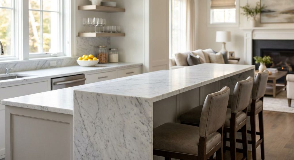 Marble countertops for built-in bar seating