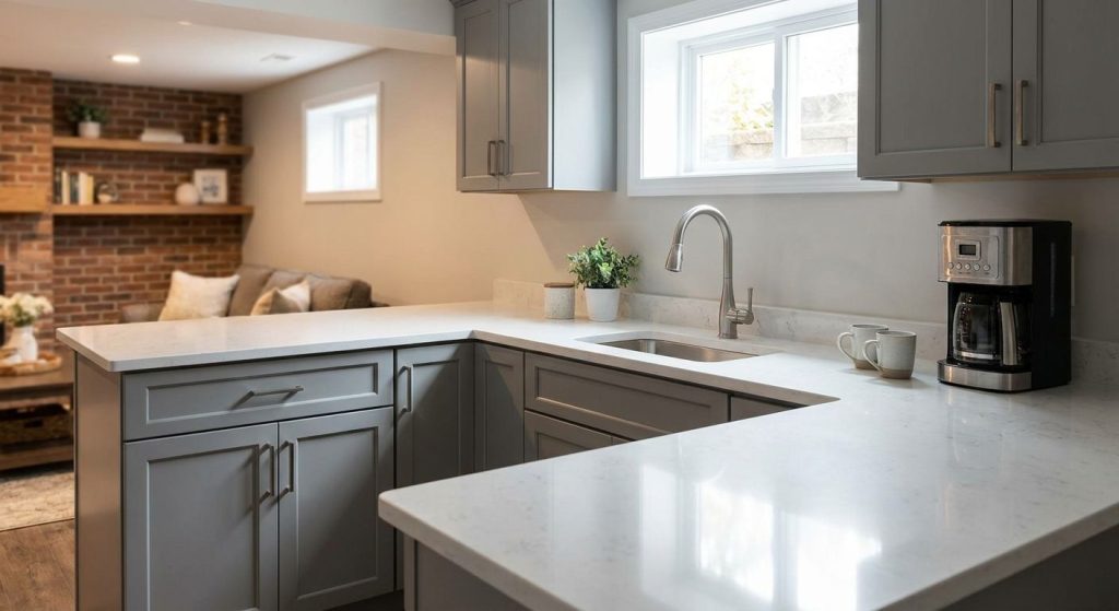 Quartz countertops for basement kitchenettes