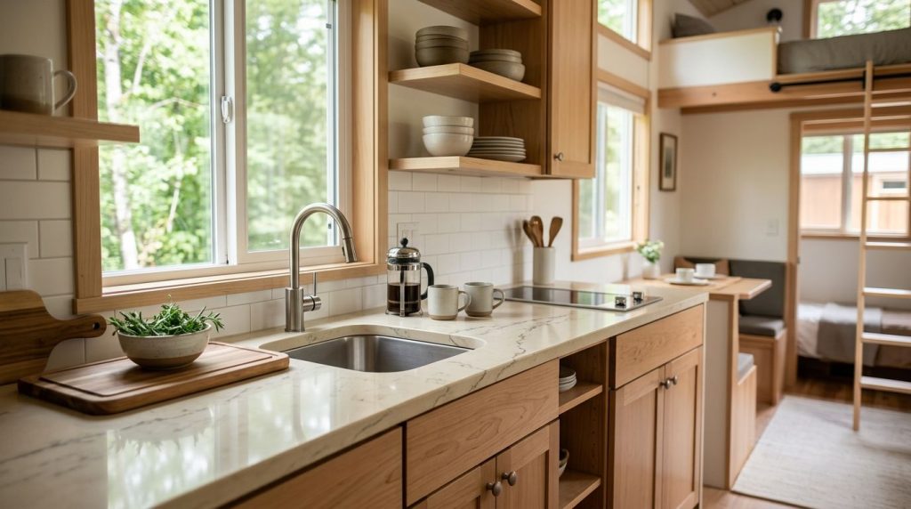 Quartz countertops for tiny home kitchens
