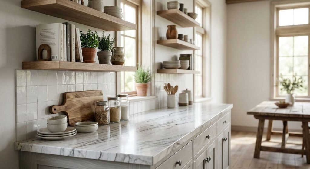 Quartzite countertops for open shelving kitchens