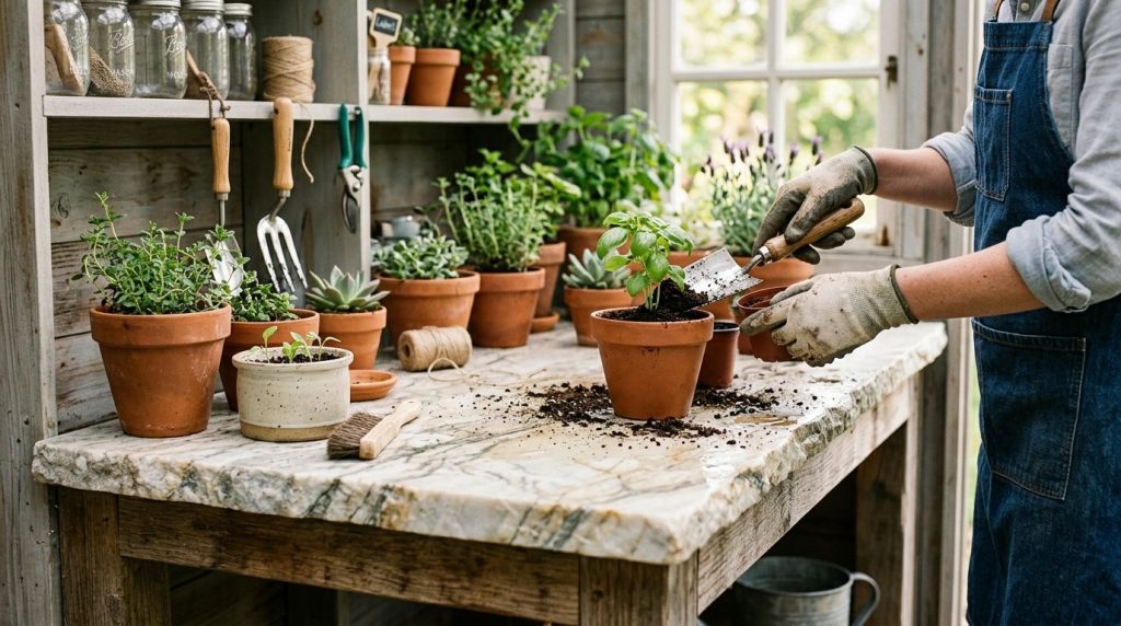 Quartzite countertops for potting benches
