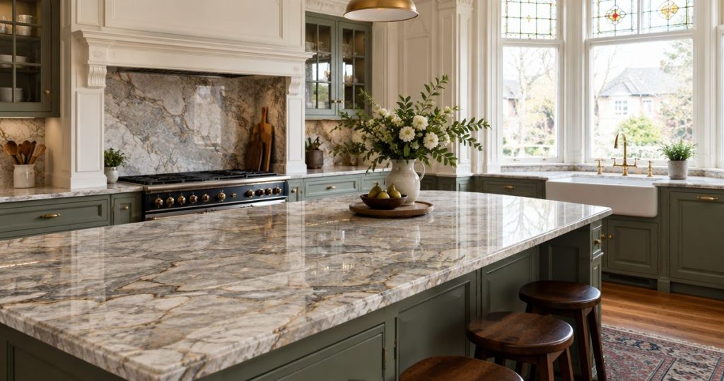 Quartzite countertops for Victorian home kitchens
